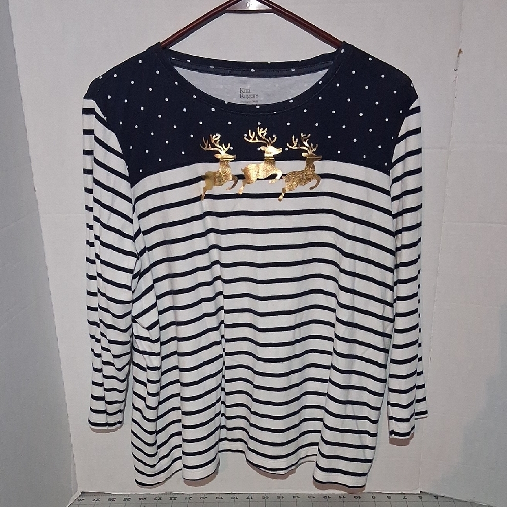 Karen Scott Navy and White Striped Top with Gold Reindeer